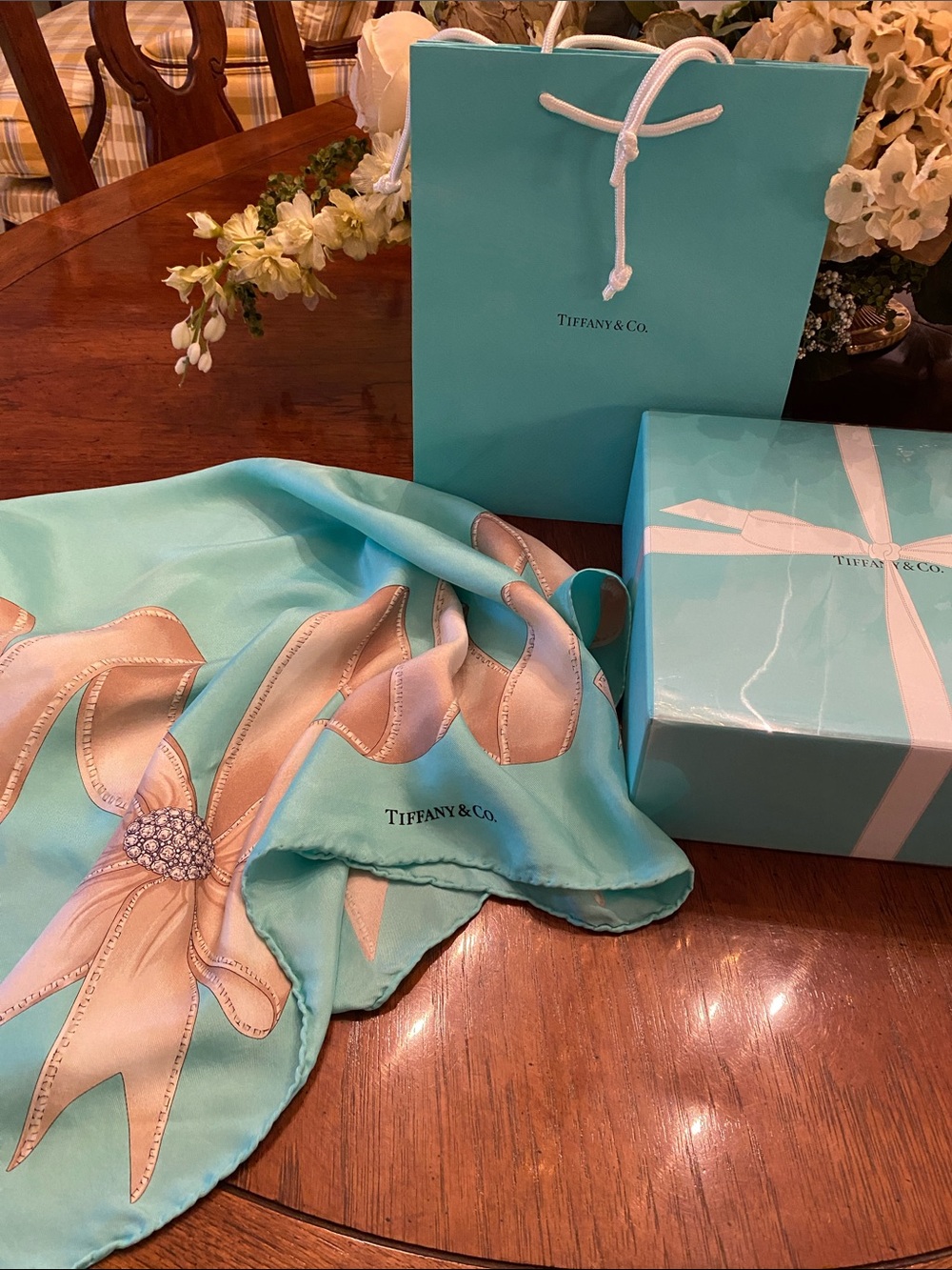 Tiffany & Co. Aqua Silk Scarf with Cream Ribbon Motif